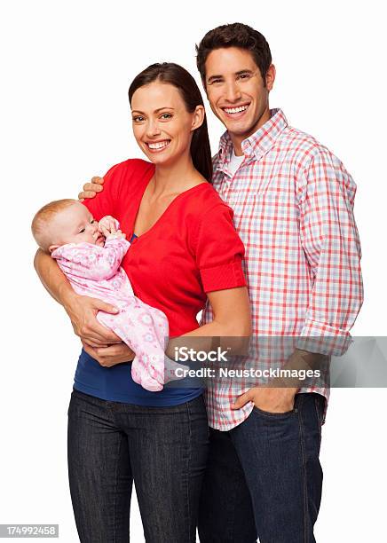 Foto de Jovens Pais Com O Bebêisolado e mais fotos de stock de Fundo Branco - Fundo Branco, Bebê, Dois genitores