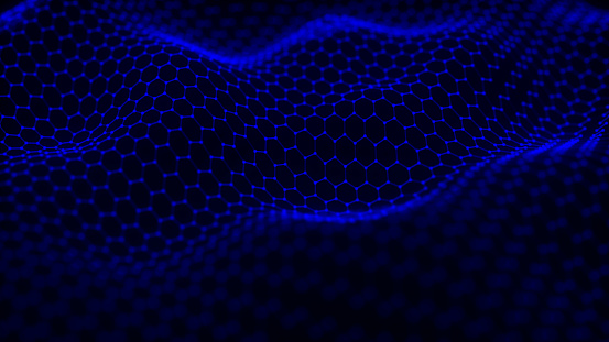 Futuristic hexagon background. Futuristic honeycomb concept. Wave of particles. Data technology background. 3D rendering.