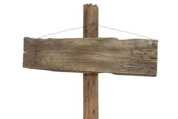 A Old West style of a sign post with a weathered wood placard hanging with baling wire from a square nail on a post. background is 255 white.