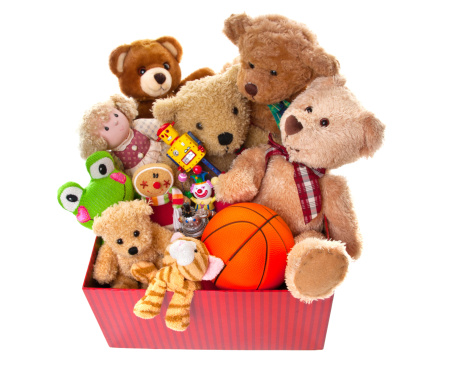 Cute Teddy Bear and many Christmas gifts, banner with copy space