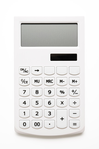 Close-up shot of white calculator isolated on a white background with clipping path..