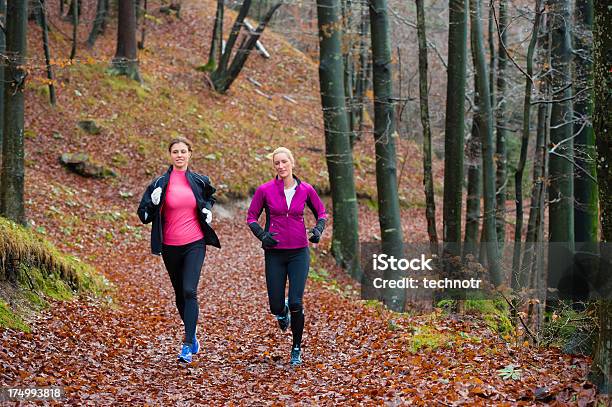 Dois Atletas Do Sexo Feminino Jogging Na Floresta - Fotografias de stock e mais imagens de 20-24 Anos - 20-24 Anos, Adulto, Ao Ar Livre