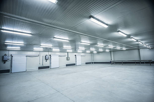 Meat or Fruit Storage at -30 Celcius Empty storage in a meat processing factory. Big Industrial refrigerator or dryer for any kind of food, meat, fruit or vegetable. From -10 to -80 degrees celcius. cold storage stock pictures, royalty-free photos & images