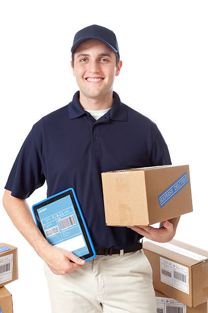 istock Trusty Earnest Delivery Man with Package on White background 174994288