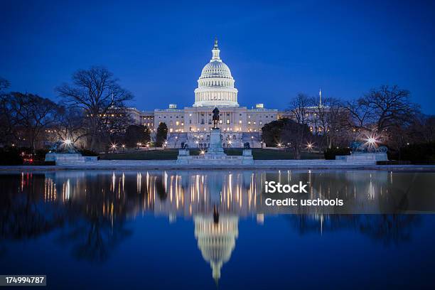 Us Capitol At Night With Reflection On Ice Stock Photo - Download Image Now - Capitol Building - Washington DC, Washington DC, Night