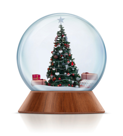Christmas tree with gifts in the snow globe. Clean image and isolated on white background.