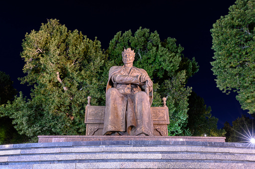 Samarkand, Uzbekistan - August 28, 2023: Amir Timur or Tamerlane monument erected in 1997 in Samarkand city, Uzbekistan. Sculptor Ilkhom Jabbarov