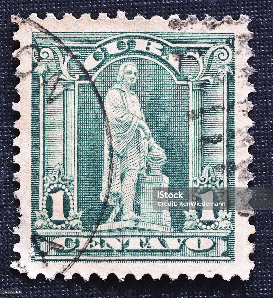 Cuban One Centavo Stamp (1899) This one centavo stamp was printed in the U.S. for use in occupied Cuba in 1899. Christopher Columbus, the European discoverer of Cuba, is depicted. 1899 Stock Photo