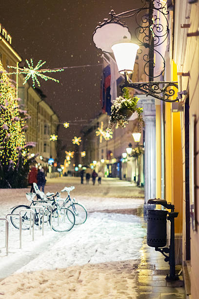 istock Christmas decorated streets in Europe at night 174995347