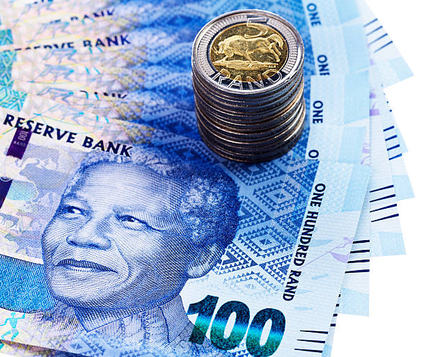 新しい南アフリカ 100 ランド banknotes 、硬貨 - nelson mandela wildebeest blue new ストックフォトと画像