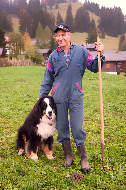 istock Smiling Swiss Farmer With Bernese Mountain Dog 174995811