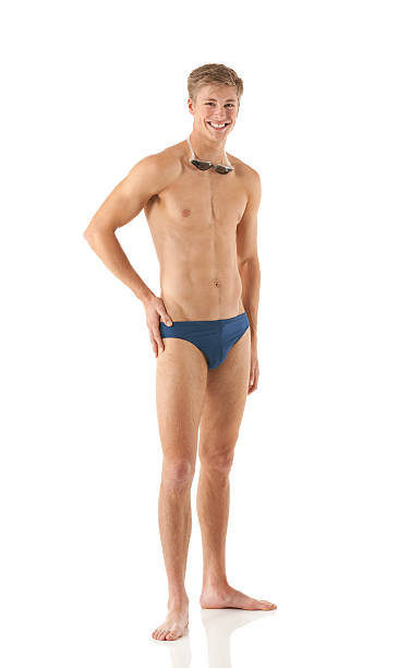 retrato de um feliz homem natação posando - swimming male isolated swimming goggles imagens e fotografias de stock