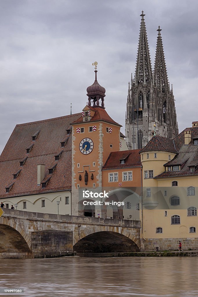 Regensburg "view over Danube river to medieval city of Regensburg, Germany, Bavaria with old stone brigde and cathedral" Ancient Stock Photo