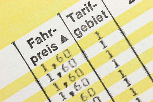 fare and tariff area on a German bus timetable