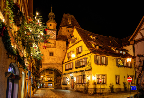 The Markusturm (St. Mark's Tower) and christmas decoration in teh center of the romantic Franconian city of Rothenburg o. d Tauber