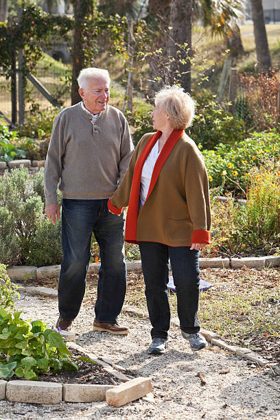senior couple main dans la main, marchant sur le jardin - sc0588 vertical full length outdoors photos et images de collection