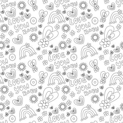 Seamless abstract pattern with hearts, Love you baby lettering, flowers, suns. Whine, black. Vector. Groovy background. Designs for textile fabrics, wrapping paper, background, wallpaper, cover.