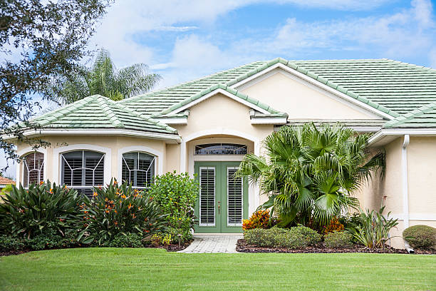 Newly Constructed Home "Newly constructed home with tiled roof, lush tropical foliage, palms and front lawn. Green front door and roof." ornamental garden palm tree bush flower stock pictures, royalty-free photos & images