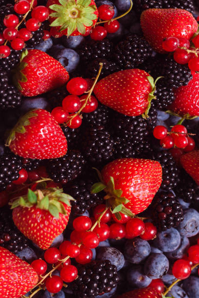 istock Blackberry, raspberry, blueberry,  red currant and mint background. 1749995318