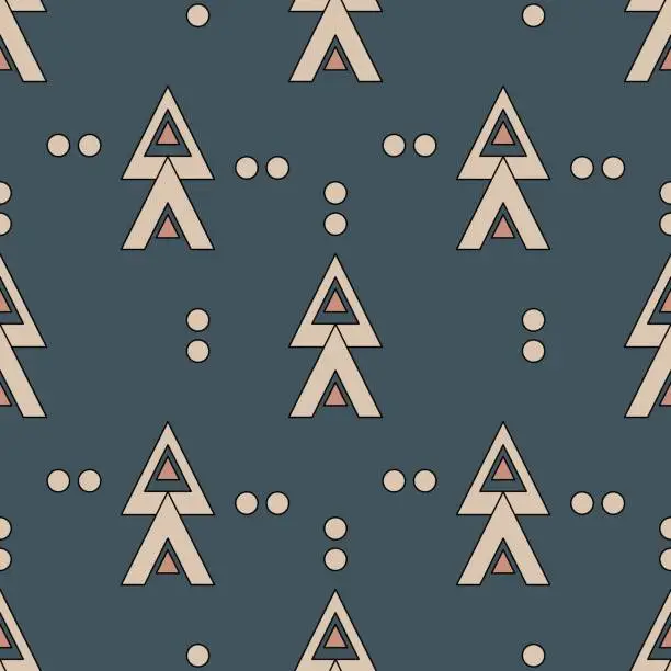 Vector illustration of Seamless abstract geometric pattern. Dark green, black, beige, brown. Vector illustration. Triangle, dots ornament. Design for textile fabrics, wrapping paper, background, wallpaper, cover.