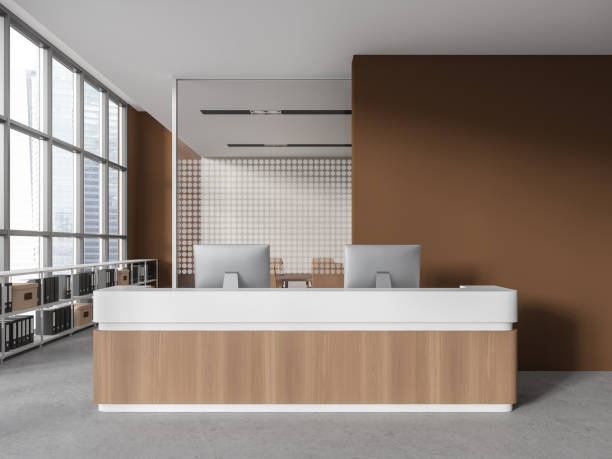 istock Brown and glass office interior with reception 1749998068