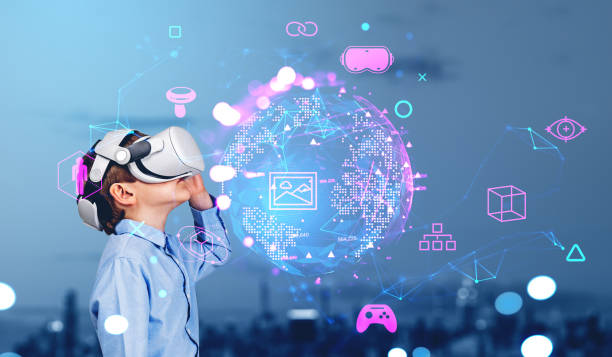 istock Boy in VR glasses in metaverse in city 1750000225