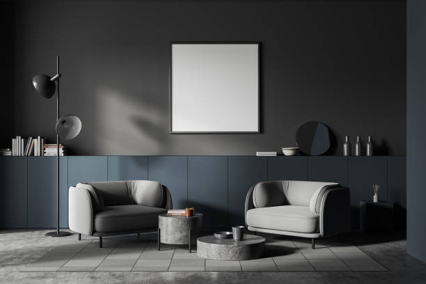 istock Grey home living room interior with relax place and decoration, mockup frame 1750002390