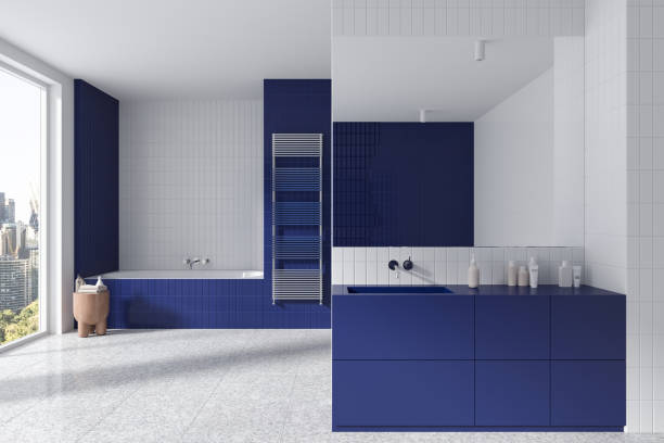 istock White and blue bathroom interior with sink and tub 1750003048