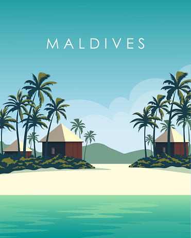 Vector illustration. Maldives, travel poster, banner, postcard. Tourism, travel.