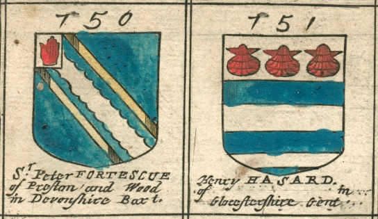 This image is from a copperplate engraving, and shows part of a 'roll of arms' from Richard Blome's (Britannia), an atlas published in 1673. It features the coats of arms of people who contributed towards the completion of the work – starting with King Charles II. Each page includes 35 coats of arms, presented here in pairs. These two coats of arms are from folio (page) 23 of the work. In old English, an 's' appeared as a 'long s' (which looks like an 'f'), while 'ss' appeared as 'fs'. 'Com' was an abbreviation for 'County'. A number is assigned to each benefactor. Here are the accompanying texts (followed by modernised English where appropriate): 750 Sr. Peter FORTESCUE of Prefton and Wood in Devonfhire Bart. (Sir Peter Fortescue of Preston and Wood (Woodleigh) in Devonshire) 751 Henry HASARD of (blank) in Gloufterfhire Gent (Gloucestershire) More from the same coat-of-arms series (many more via blue link): .