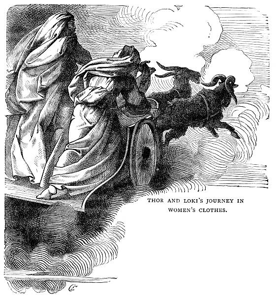 Norse mythology - Thor and Loki "Vintage engraving from 1882 of a scene from Norse mothogoly, the Gods Thor and Loki disguised in women's clothes" chariot photos stock illustrations