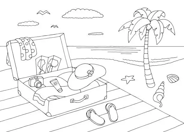 Vector illustration of Suitcase on the beach by the sea graphic black white landscape sketch illustration vector