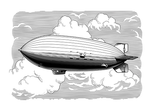 Vintage dirigible or zeppelin aircraft flying in the cloudy sky, engraving retro style black and white vector illustration.