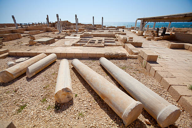 Ruins of ancient city Caesarea on the coast of Mediterranean sea in Israel