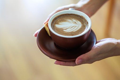 Cropped shot of woman hands holding a cup of hot mocha latte coffee in her hands