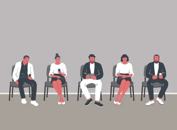 Vector illustration of People waiting in line. Men and women sit on chairs and look at their phones