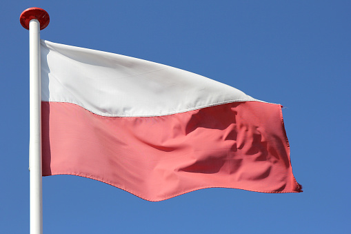 The Polish Flag With The King Zygamunt Column (From 1644) In The Background From Warsaw, Poland