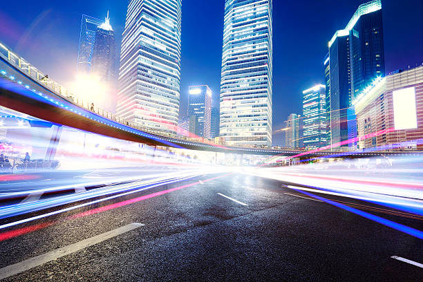 istock Hi speed light trails on night city background 175005283