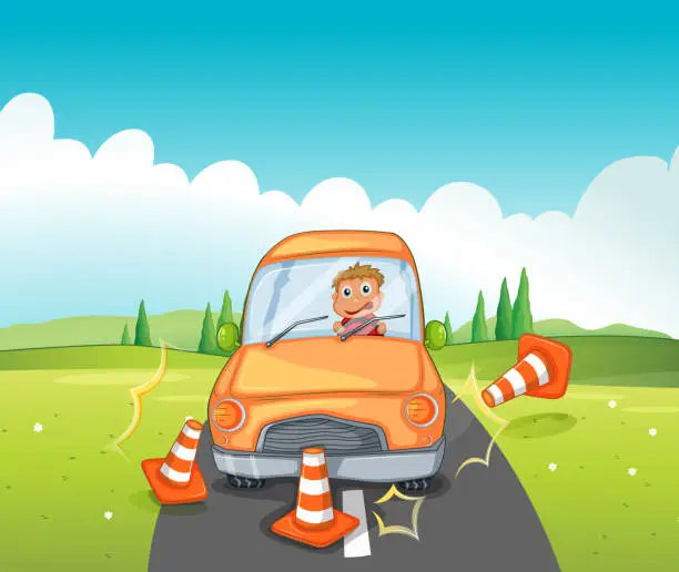 Vector illustration of Reckless driver bumping the traffic cones