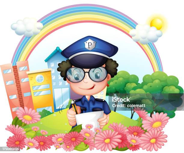 Ilustración de Policeman Escrito Cerca De Las Flores y más Vectores Libres de Derechos de Adulto - Adulto, Ajardinado, Amarillo - Color