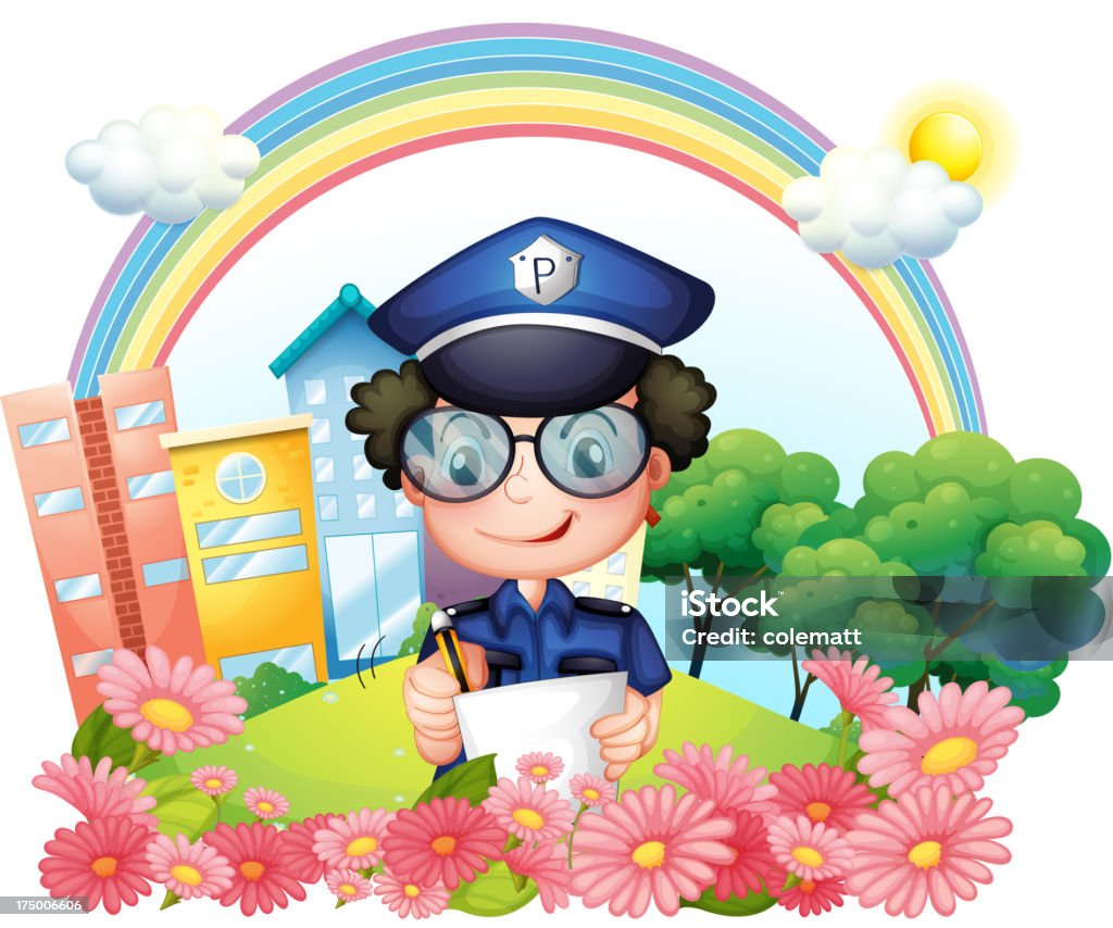 Policeman piśmie w pobliżu kwiaty - Grafika wektorowa royalty-free (Chmura)