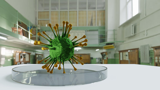 A (large?) coronavirus has been isolated in a petri dish in a research laboratory! 3D digital render