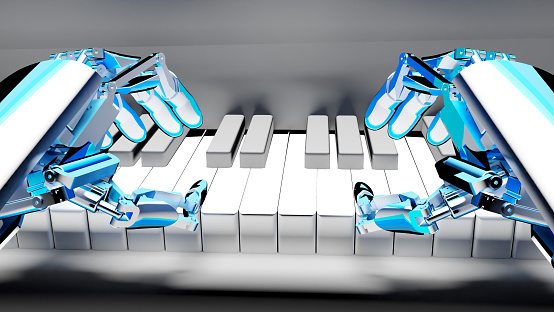 Robot plays the piano, CGI, cartoon effect, personal perspective