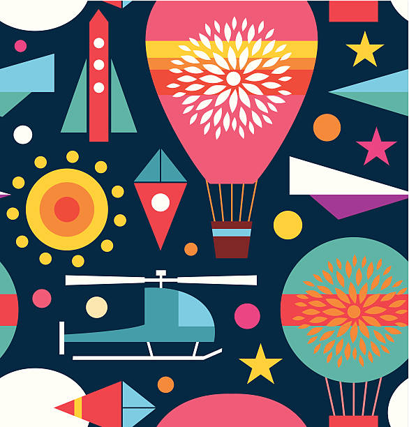 illustrations, cliparts, dessins animés et icônes de fond avec de la montgolfière ou en hélicoptère, kite, avion sky roquette - sun sky child balloon