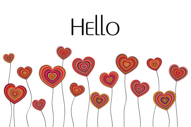 Vector illustration of Hello. Greeting card with heart flowers.