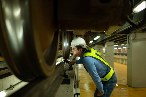 istock Engineers for electric trains After detecting difficulties with the electric train's machinery use searchlights to locate and check damaged sections. In the electric train repair shop 1750120982