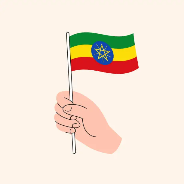 Vector illustration of Cartoon Hand Holding Ethiopian Flag, Isolated Vector Design.