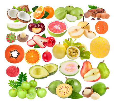 coconut; orange; guava; red cherry plum; Tamarind; pear; Strawberry; rose apple; grapefruit; Bael; passion fruits; melon; papaya; Macadamia; Indian gooseberry; avocado; grape; lychee on white background