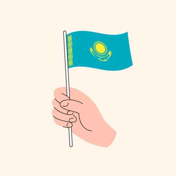 Vector illustration of Cartoon Hand Holding Kazakh Flag, Isolated Vector Design.