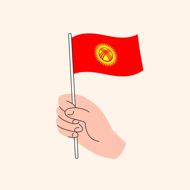 Vector illustration of Cartoon Hand Holding Kyrgyzstani Flag, Isolated Vector Design.